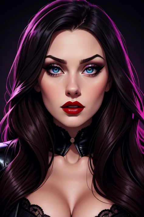 A beautiful female whose face combines features of Katherine Langford + Laura Prepon. The female wears a goth outfit. The female has lovely makeup on her face. The female wears red lipstick. Glamour photography aesthetic. Comic-style realism animation mixe...