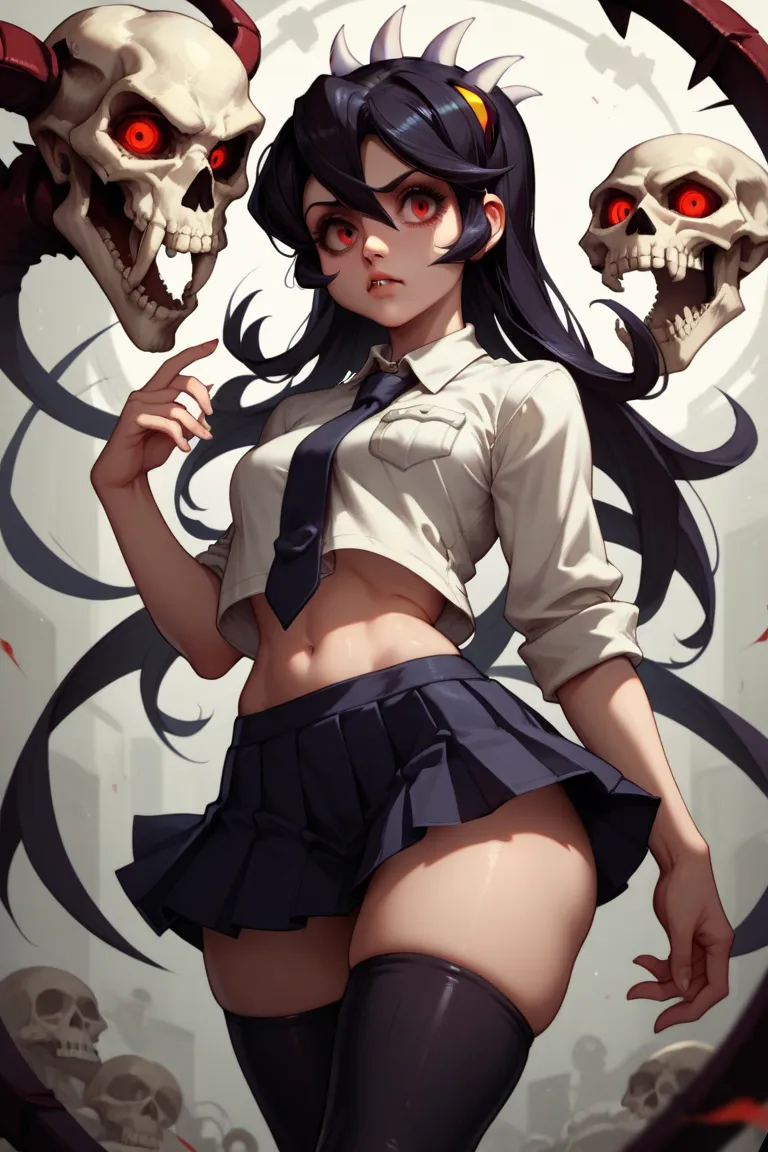 Filia Skullgirls, fskull, navel, red eyes, prehensile hair, extra mouth
school uniform, white shirt, necktie, pleated skirt, black thighhighs, zettai ryouiki, naked big ass