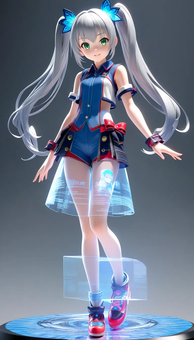 葬送の Freelen、 Freelen、 Silver Hair、twin tails、 small tits、 green eyes、virtual idol  。 \  character "  atlus"\, alone, ((   Transparency ３d,   transmission processing using holographic projection , 。 clear texture  )),  。