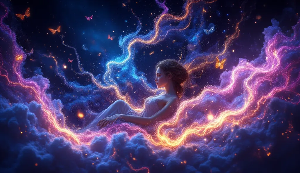 A dreamy, surrealistic artwork featuring a peaceful figure, with glowing butterflies around her, lying on a bed that blends into the cosmic background of swirling galaxies and vibrant energy. The colors are predominantly blues and purples with glowing pink...