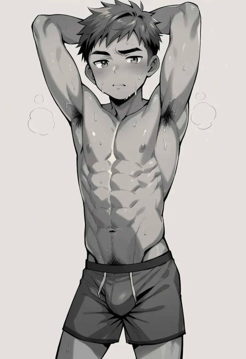 
1boy shota almost naked armpit hair armpits arms up boxers male male focus male only sweat sweaty