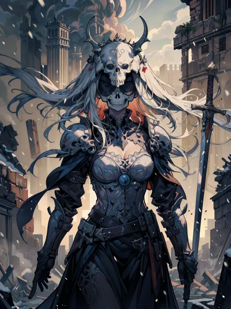 ((Masterpiece, Best quality, illustration)), chaos theme, horror theme, a girl, covering eyes, mask, skull, head gear, skeletal armor, skeleton print, Armored dress, floating capelet, jacket removed, Alone, Many planted_sword , ruins, Cloudy sky,  snowing,...