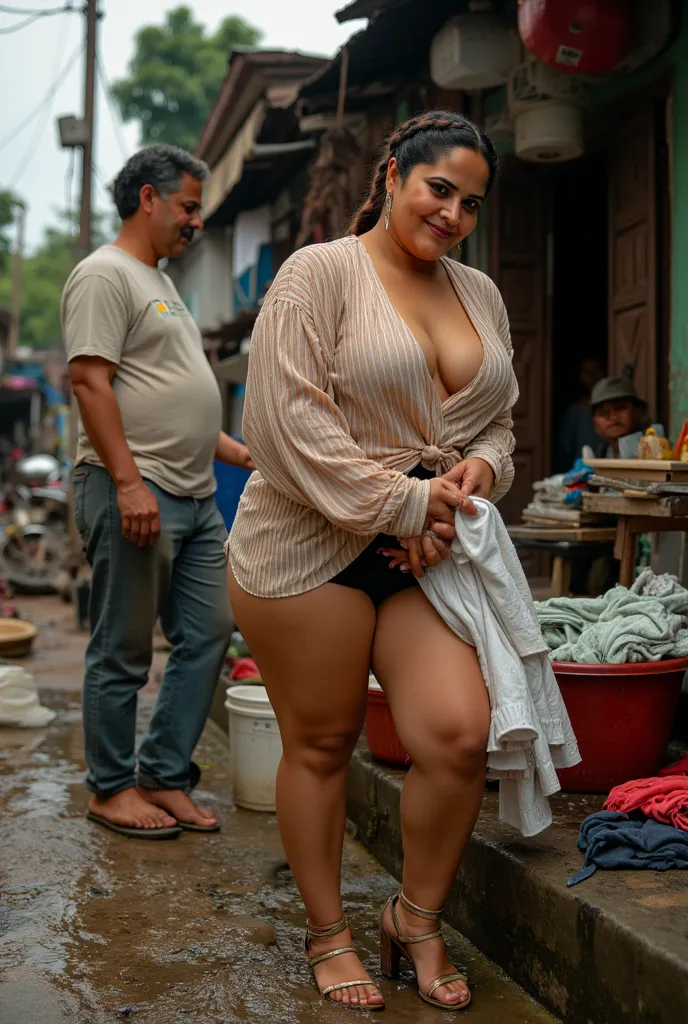 Realistic indian plus size bollywood actress Vidya Balan washing clothes. Exposing her massive gigantic thighs and thick fat calves. Her blouse is very low exposing her massive breast and huge clevage. Her long ruffled hair tied in a braid. She is looking ...