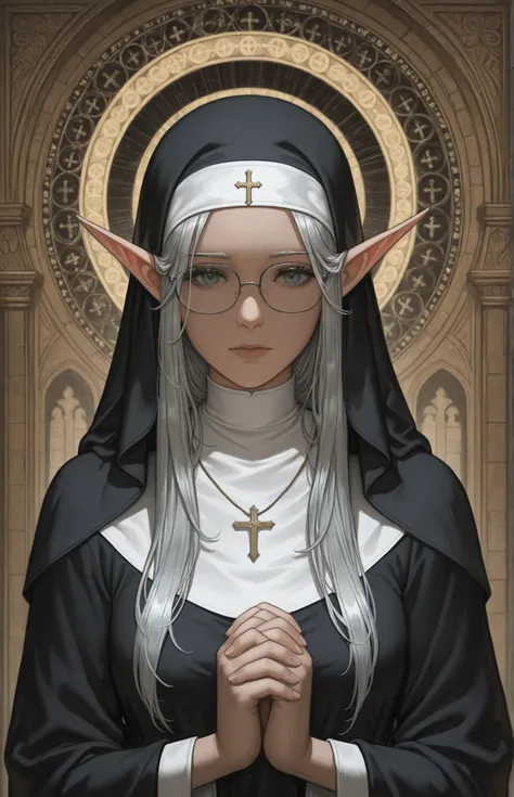 upper body，Elf，Misty silver long hair，nun，Monastic Robes， glasses， girl，Tranquility