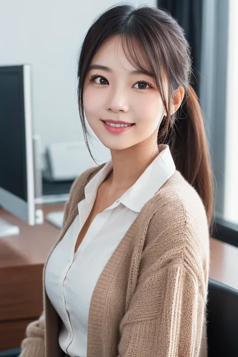 A beautiful young Asian woman with long hair tied back in a low ponytail, natural makeup, wearing a white blouse and a cardigan. She is standing in an office, with a gentle smile on her face. The background shows a modern office setting with soft lighting....