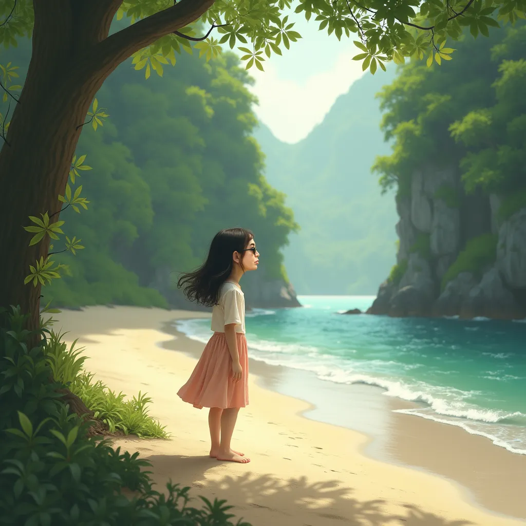 Keep the girl with the same features as in the original photo, Also the beach, Only the background of the forest changes, Make it look like it's still a beach. Photos must be realistic and natural.