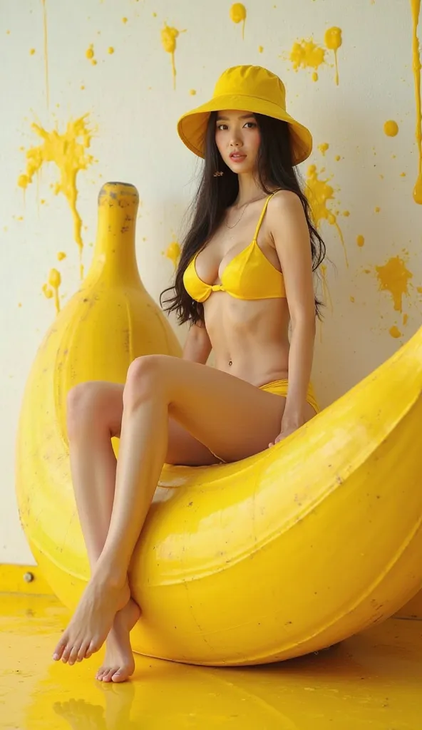 Sexy figure japanese model in yellow bikini and combo hat sits in sexy pose riding huge banana dummy, banana dummy between girl's legs, white wall covered with yellow paint splashes in background, high quality, detail, cinematic lighting