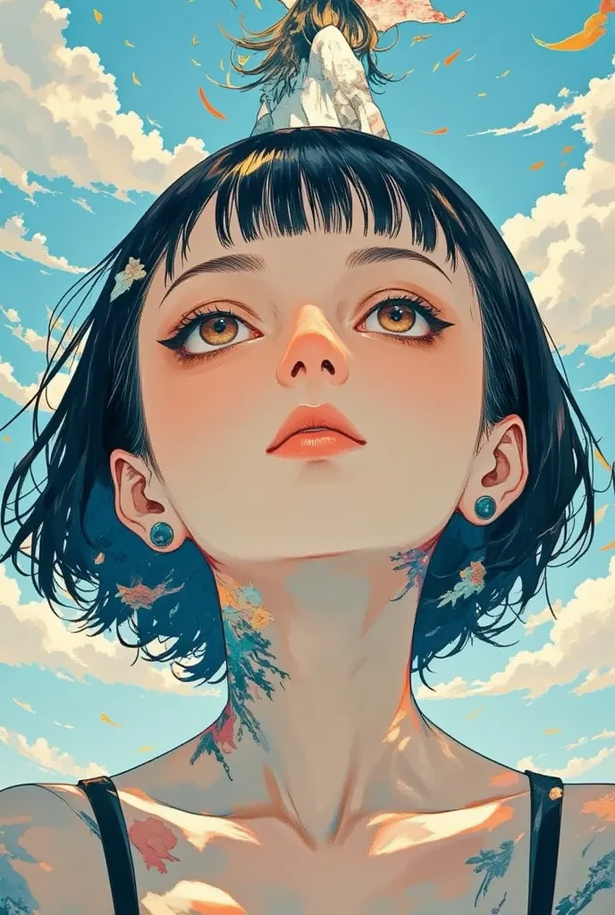 ( lips ,masterpiece:1.2),Alone ,Girl with short curly hair, black hair, detailed eyes,brown eyes, , Simple clothes, Focus on his face, illustration,  Strong colors, Stylish anime  , 