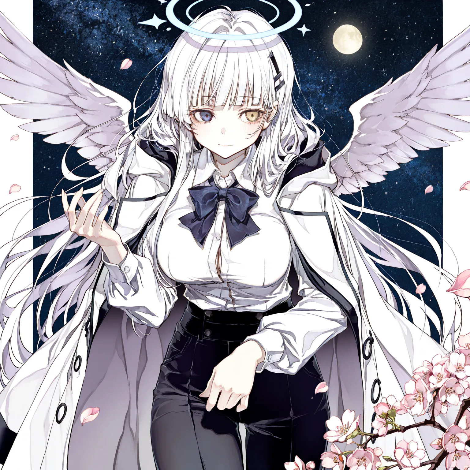 Her long hair was as white as the stars in the night, her two-colored eyes shone like there were endless dimensions, her clothes were clean and elegant, and her perfect attire gave off an uncontrollable sense of mystery and power. source_anime, Hitoimim, c...