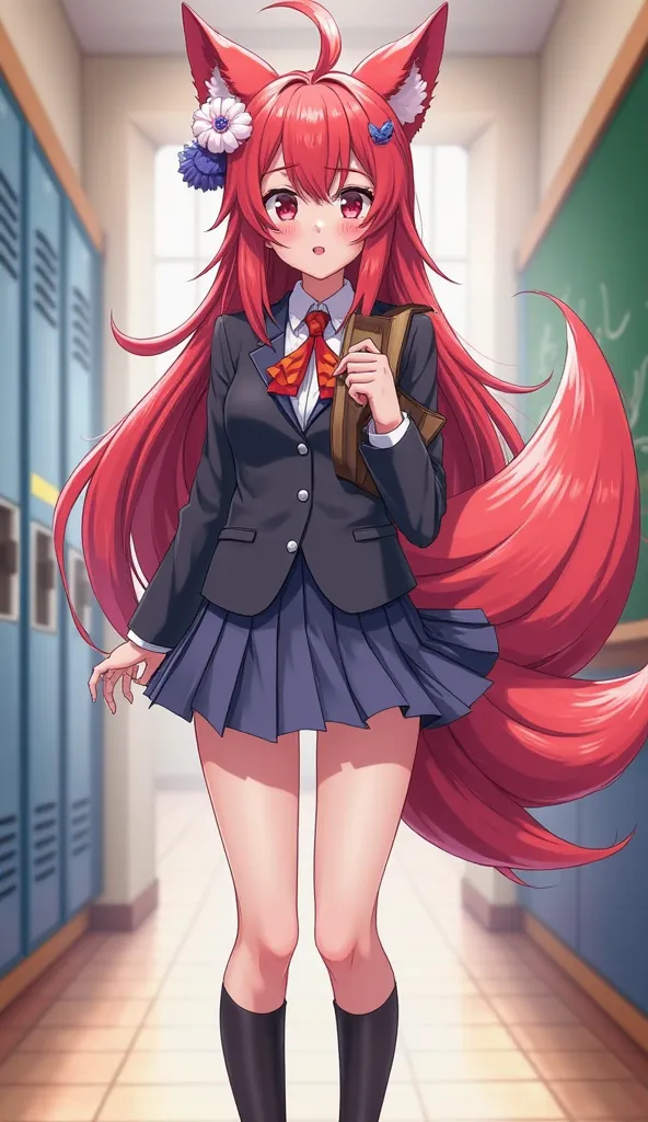 Ahri in her Academy skin, a cute and casual school uniform with a pleated skirt, blazer, and tie. Her nine tails are fluffy and animated, and she carries a magical book. Standing in a school hallway with lockers and a chalkboard in the background. Bright a...