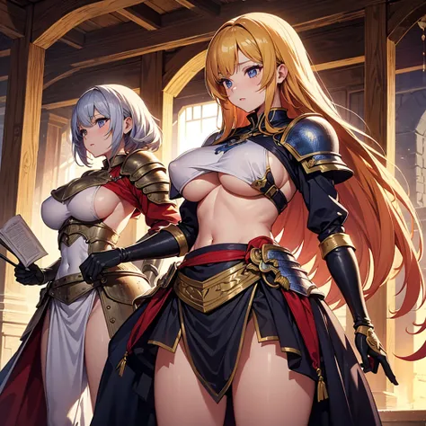 High quality, super detailed, best quality, highly detailed, beautiful, masterpiece, vibrant colors, shiny skin, perfect anatomy, female group, harem, knights, armor, medieval, fantasy, pouches, big boobs, (sideboob, underboob, safe)