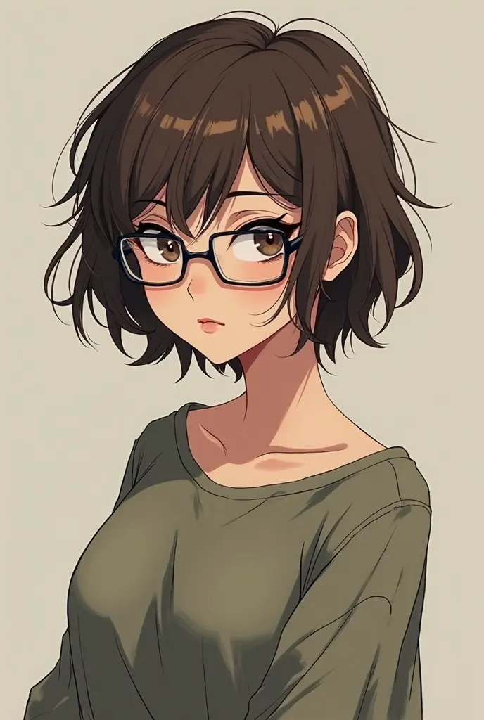 An anime woman, brunette, short messy hair, wearing baggy clothes, glasses, with a serious expression Brazilian 