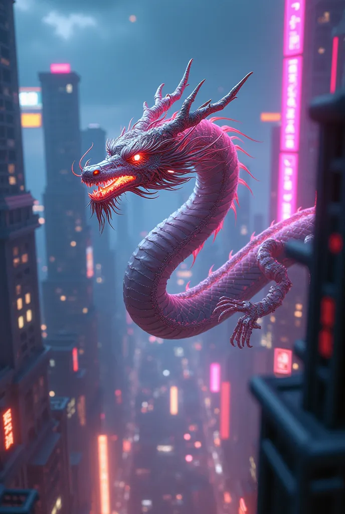 Chinese cyber dragon in a cyberpunk city at midnight, with bright colors.