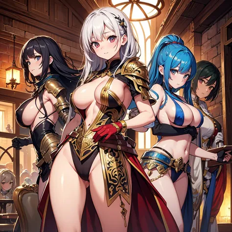 High quality, super detailed, best quality, highly detailed, beautiful, masterpiece, vibrant colors, shiny skin, perfect anatomy, female group, harem, knights, armor, medieval, fantasy, pouches, big boobs, (sideboob, underboob, safe)