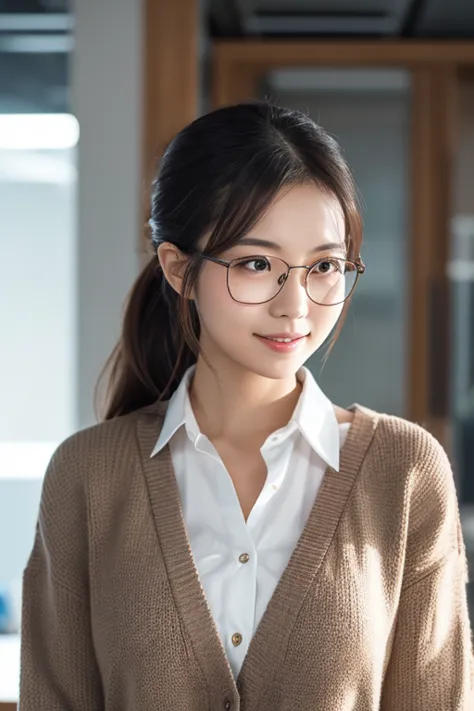 A beautiful young Asian woman with long hair tied back in a low ponytail, natural makeup, wearing a white blouse and a cardigan. She is also wearing glasses, standing in an office with a gentle smile on her face. The background shows a modern office settin...