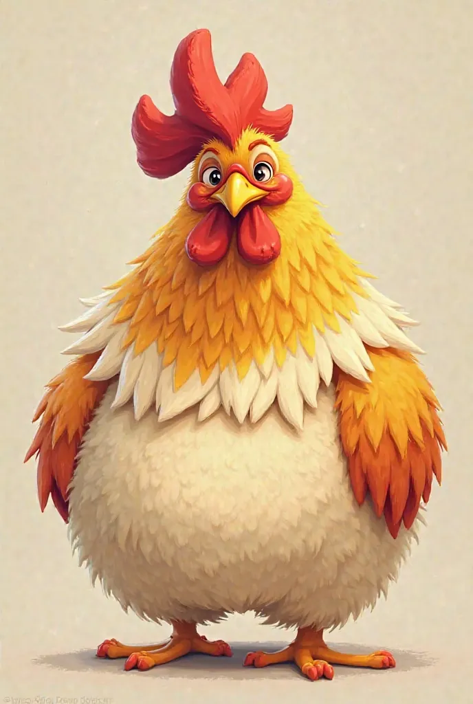 Make a photo of a rooster with a beard on its head a bright hairy yellow orange white plump and cute