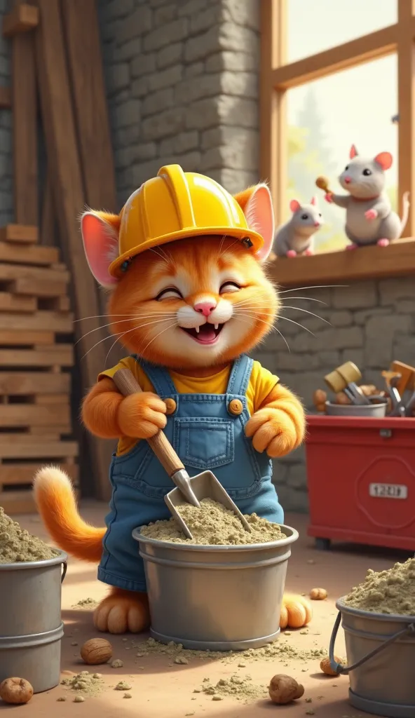 "A delightful and vibrant digital painting of an anthropomorphic orange tabby cat working inside a construction site. The cat wears a bright yellow hard hat and blue overalls, joyfully mixing cement in a metal bucket using a shovel. The setting features wo...