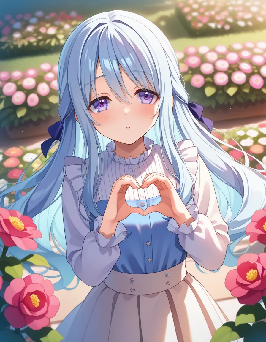 masterpiece, best quality, absurdres, safe
1girl hiyori shiina hair ribbon light blue hair purple eyes, outdoor,, (heart hands:), flower garden, many flower