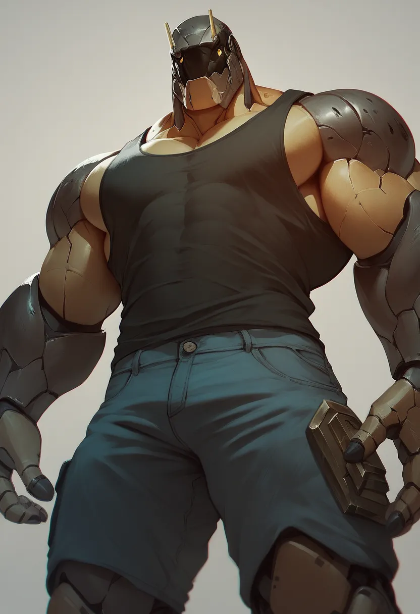 big strong macho cyborg　big strong pectoral muscle cyborg　Strong body cyborg　 robot 　 Near Future City　A close point of view from below　 Special Forces　Heavy Armor　tank top