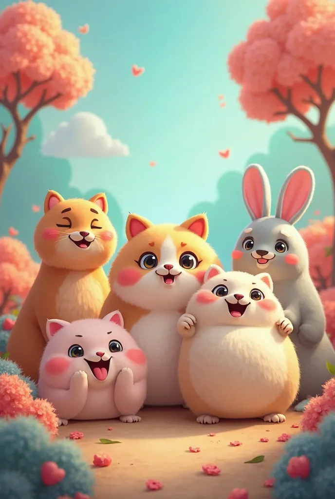 A set of chubby, cartoon-style animals (cat, dog, panda, rabbit, etc.) with exaggerated facial expressions.