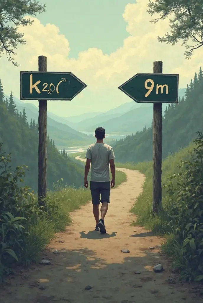 A man is walking on a road with two signs, the one on the right says (water: 9km) and the one on the left says (H²O : 9m) 