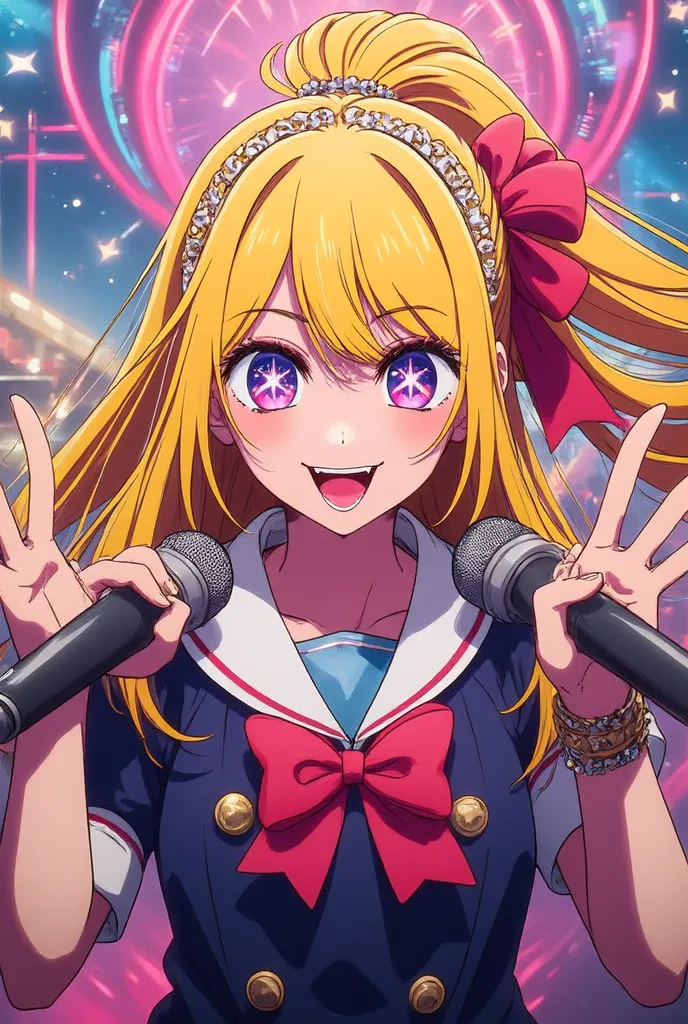 ((best quality, 8k, masterpiece: 1.4)), yellow hair, long hair, topknot, headband, Hair ties, anime style on the face, charming smile,  Amazing Painted Art , colorful background, (A star in one eye☆:1.1), high school uniform, Best, sings with a microphone