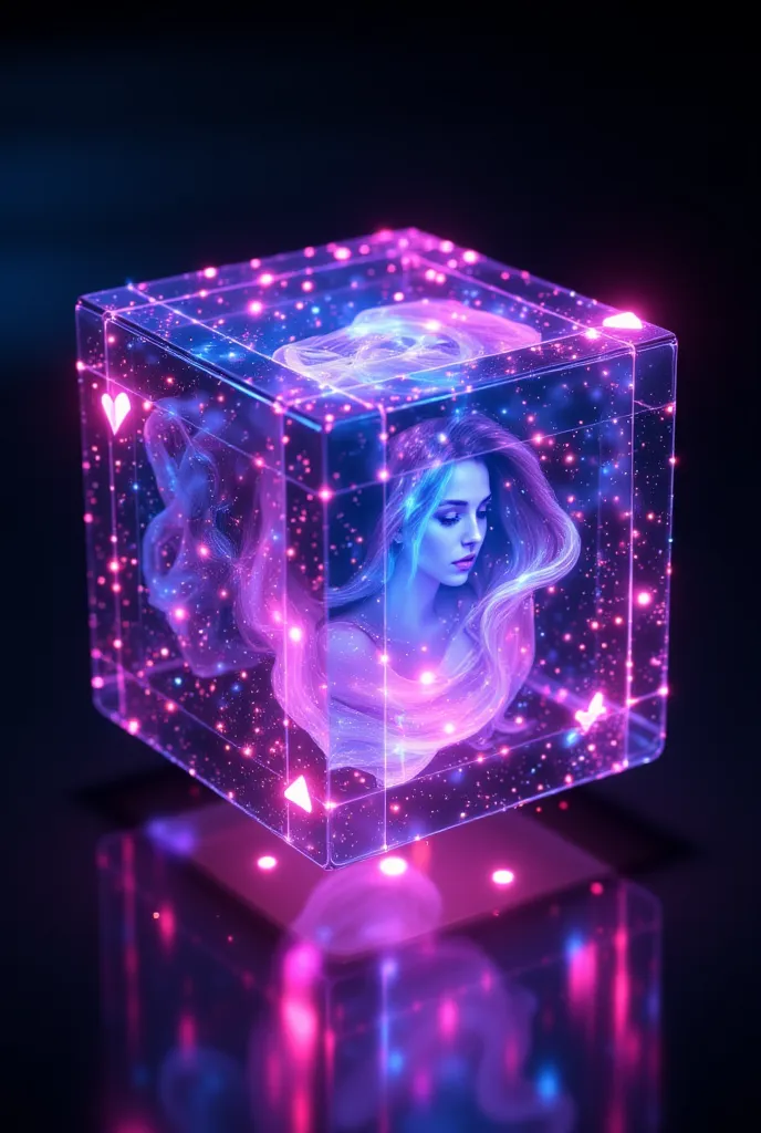 a holographic floating cubes made from poker cards, On the cube of poker cards was the image of a woman 4K, high resolution, photorealistic, physically-based rendering, masterpiece, extreme detail, hyper-realistic, ultra-detailed, vibrant colors, dramatic ...