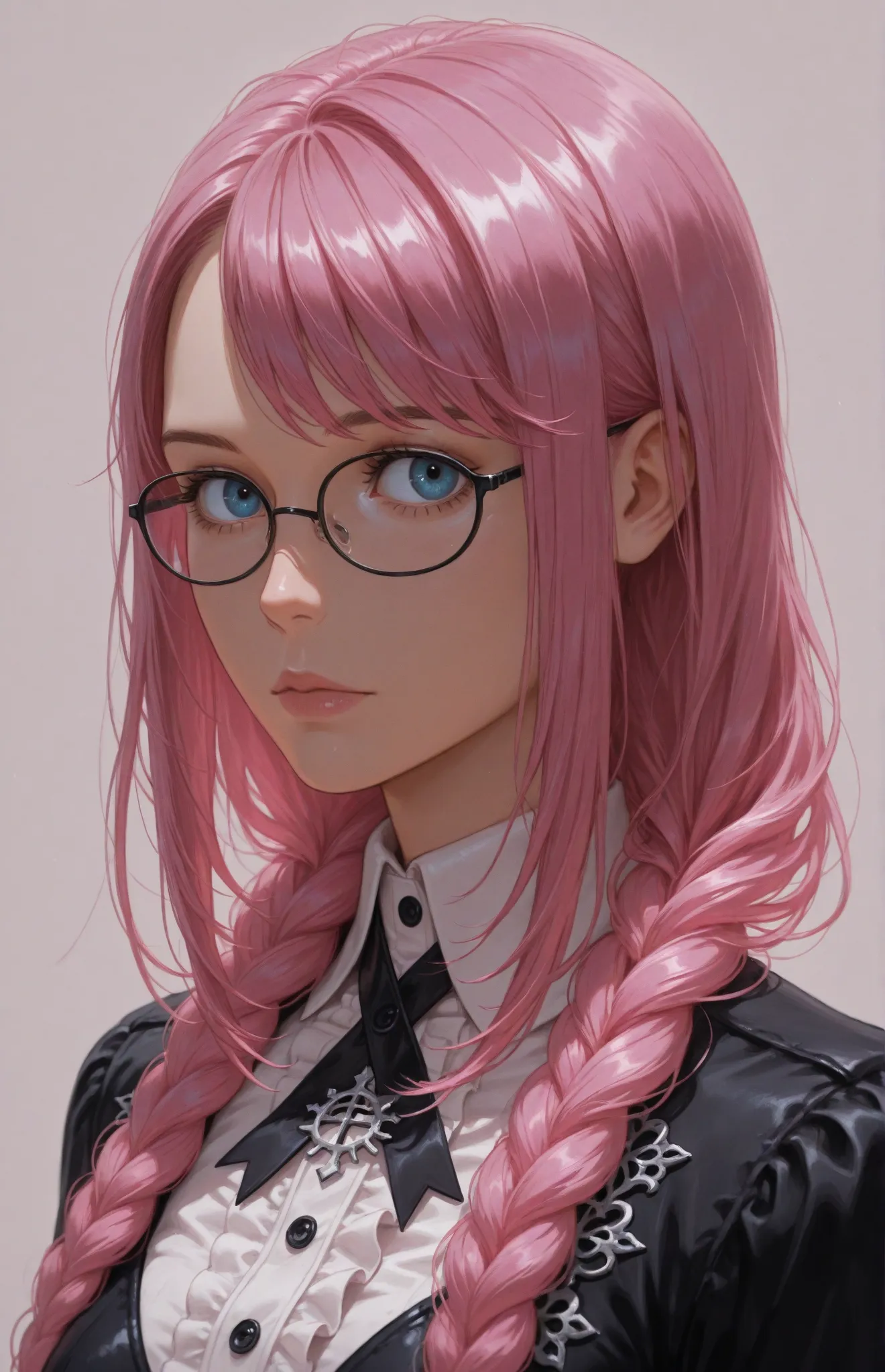 upper body，Yumigiri Rose pink long hair， blue eyes ， glasses， girl，Quiet and mysterious，widow funeral costume