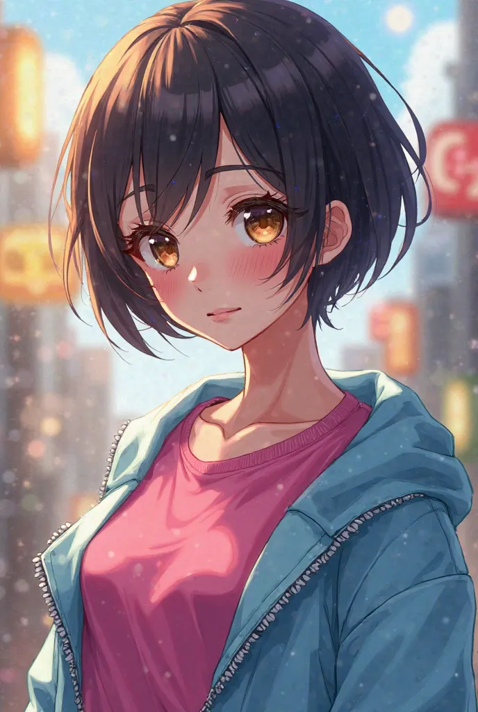 female anime with short black hair brown eyes pink shirt and light blue coat