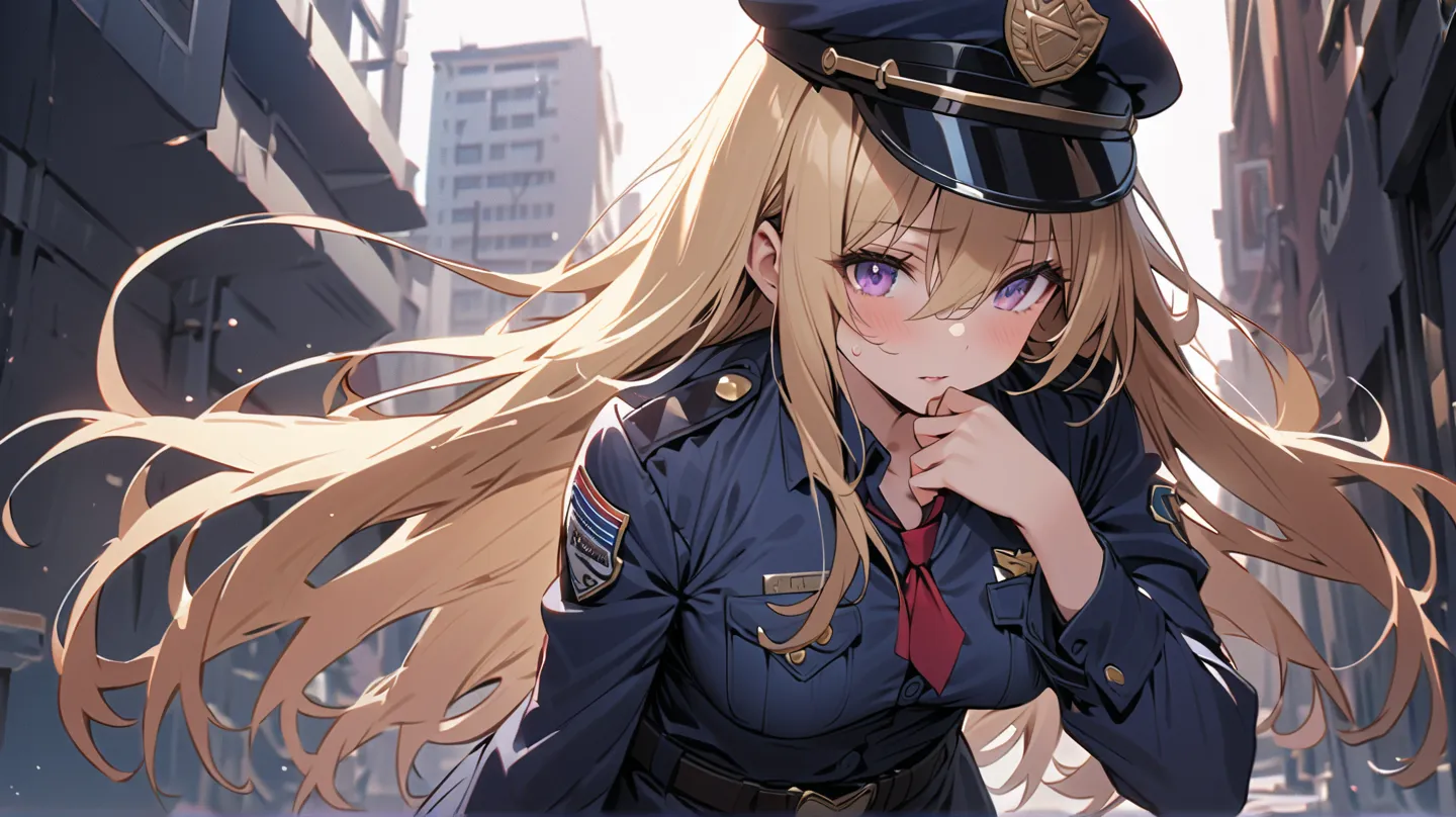 1 girl, alone, solo,
((Top Quality、High Resolution、 highly detailed 8k wallpaper))

purple eyes, long hair,blonde hair,medium boobs,Hair between the eyes,mature,

an American female police officer、asking the culprit with a desperate expression。wears a navy...