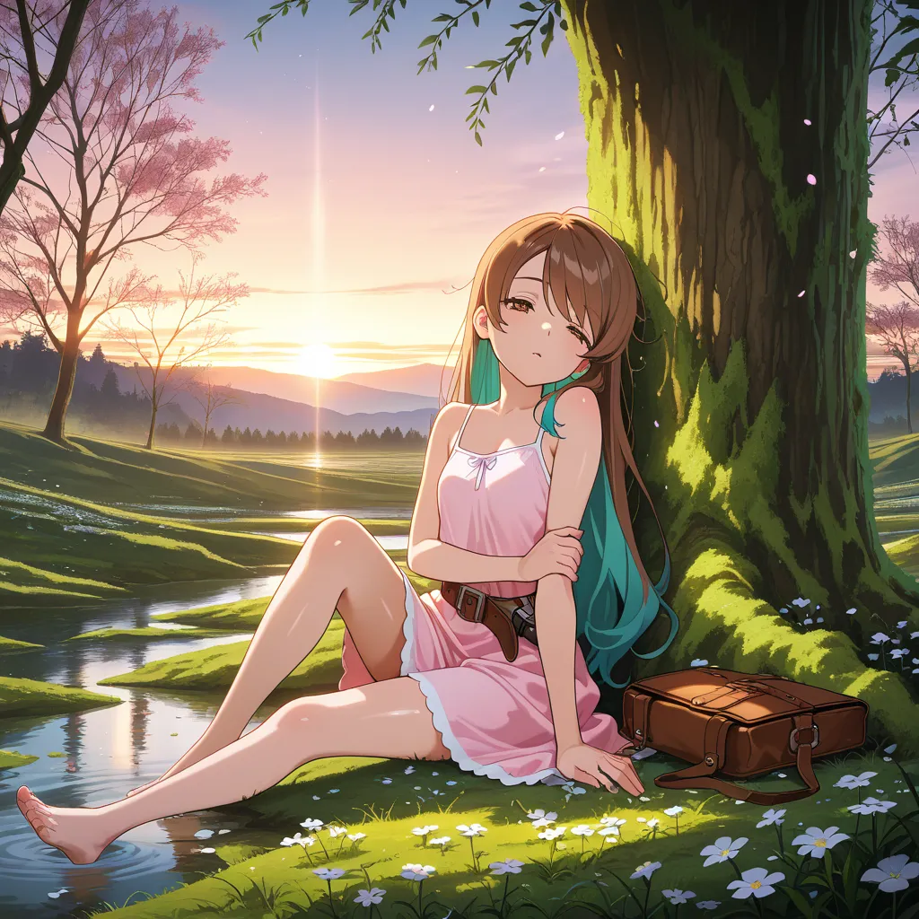 masterpiece, best quality, amazing quality, marsh woods, swept bangs, very long brown hair with teal highlights, brown eyes, sleepy, pink sundress, spaghetti strap sundress, sundress with white trim, brown belt, dagger sheathe attached to belt, touching ar...