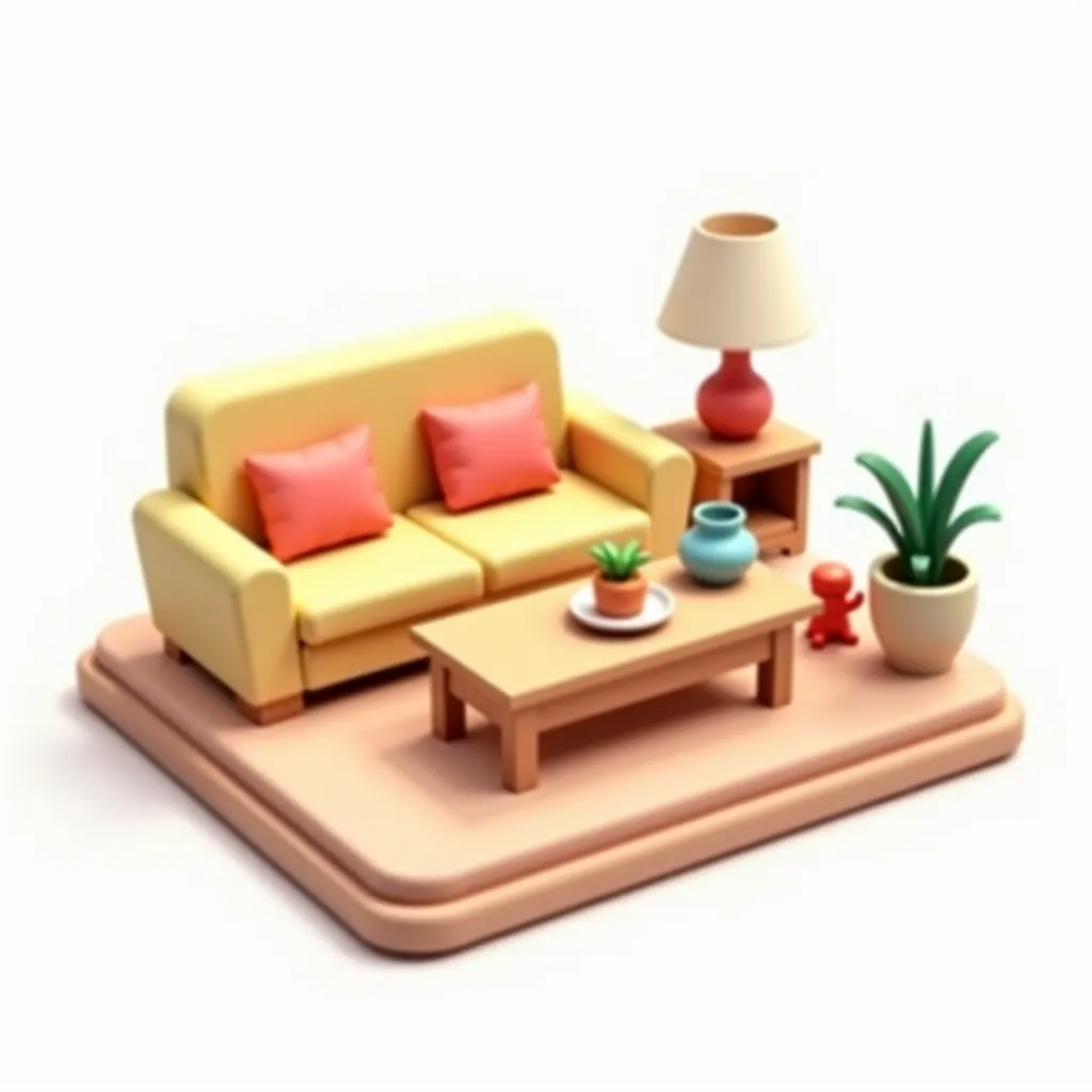 3d miniatur cartoon mode living room with sofa and table made point of view from above ,make isolated on white background