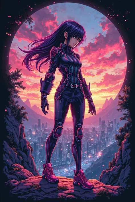 "Create a vibrant and stylish anime-inspired design for a T-shirt. The design should feature a bold and dynamic character in a heroic pose, wearing a futuristic outfit with glowing accents. The background should include a dreamy, surreal cityscape at sunse...