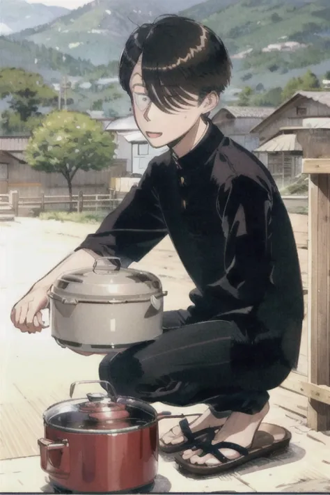 1 boy,Tanaka,School uniform, Sanpaku,can，Rice cooker，