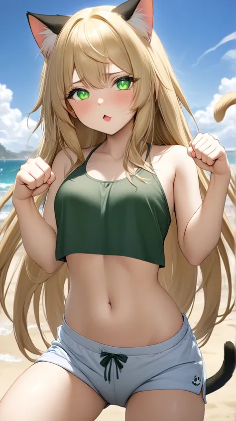 best quality, masterpiece, detailed , 1girl, beach, sunbeam, windy, long hair, green eyes, cat ears, cat tail, detailed eyes, midriff,,eager pet pose, Nyan pose cat pose,cat paw pose
  