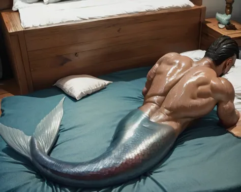 Dominant muscle men with gray mermaid tail lying on bed. Bottom. Merman is wet and oiled ,  cracked and greasy. It is very much oiled and wet. Black long hair, long beard.