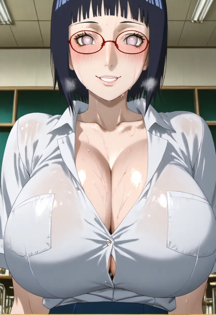 Hinata Hyuga from the anime Naruto has very big boobs and is wearing a strict sexy teacher outfit with glasses and a neckline on the shirt showing her tits and looking slutty and blushing with a creepy smile and big eyes and sweating because of the heat an...