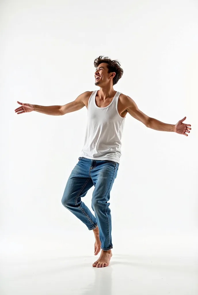 19 year old brown Thai boy wearing blue jeans and white tank top dancing on a white background 