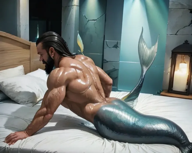 Dominant muscle man with gray mermaid tail moving on bed. Bottom. Merman is wet and oiled ,  cracked and greasy. It is very much oiled and wet. Black long hair, long beard.