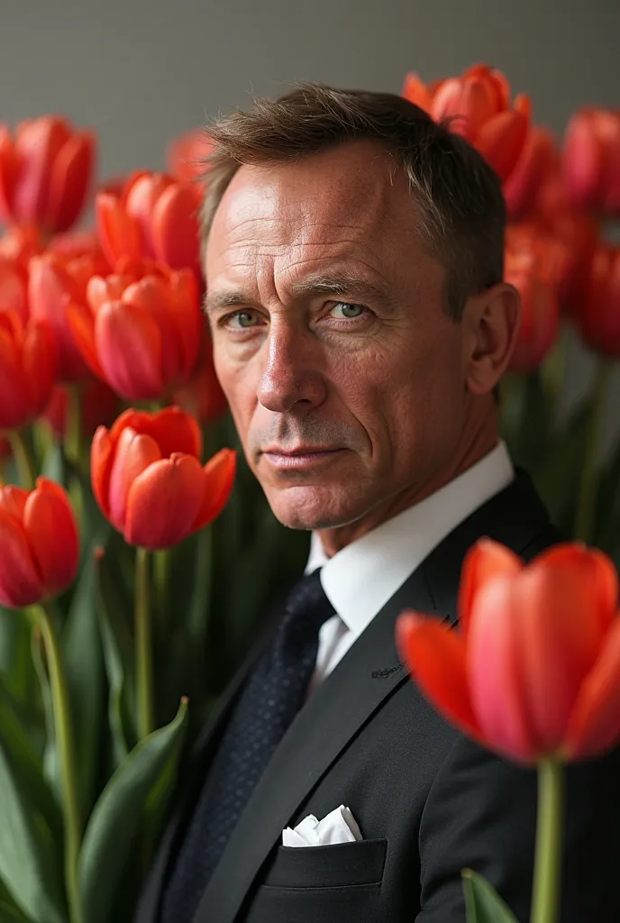 Insanely detailed photo of James Bond with the large bouquet of tulip flowers. Rises are all around him. Looking at the camera, lots of details, three-dimensional, epic, clear focus, depth of field, professional lighting, 8k photography, HDR, the picture w...