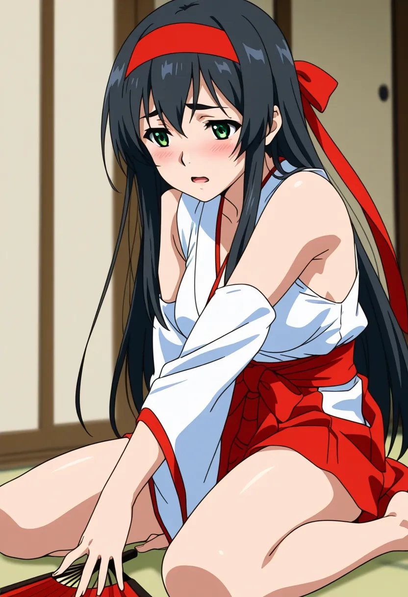  Generally speaking ,Hi-res,  Super Fine ,Very Beautiful,has the best quality , , 1 girl, black hair,   long hair, green eyes,   red headband,   large  ,   bangs,    sidelocks,  hair between eyebrows ,Eyebrow Thinning
2010s (style),   anime coloring  , put...