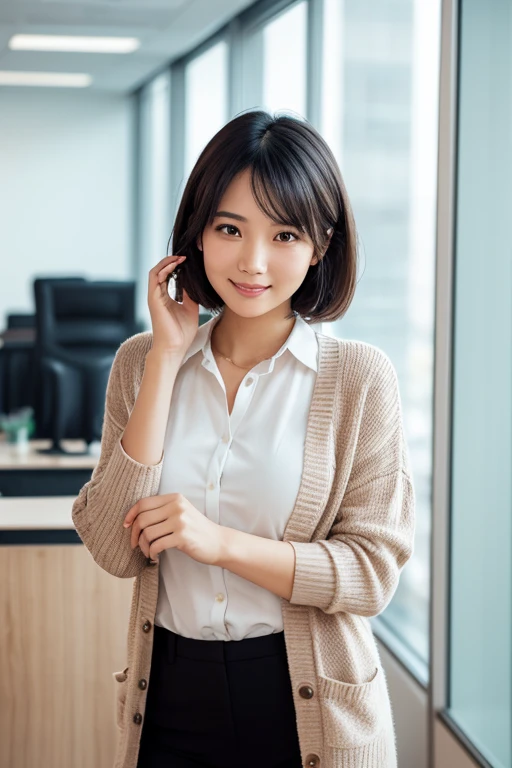 A beautiful young Asian woman with short hair, natural makeup, wearing a white blouse and a cardigan. She is standing in an office, with her hair gently tousled as if she is casually running her hand through it. Her expression conveys warmth and relaxation...