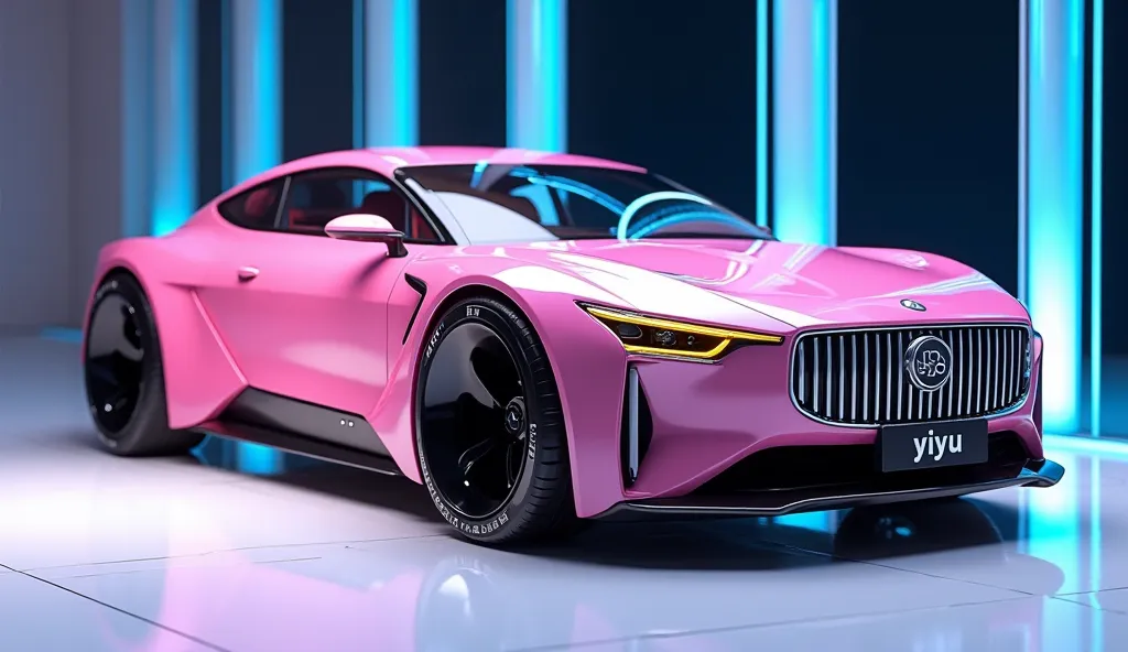 create an ultra-detailed 3D render full front side view , of a Classic.  2025   yiyu  bold design captured from full front side view. The car should feature a 'Gleamy  pink' color with a '(yiyu)  ' logo on its front, a large white detailed grille like  spe...