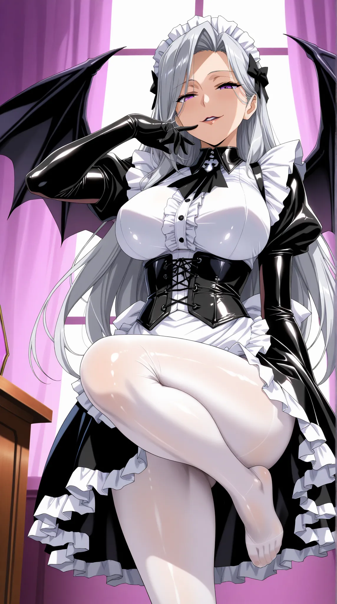 One mature, beautiful and seductive succubus woman, solo, (incredible high resolution, masterpiece, highest quality, highly detailed, CG, high quality anime drawing), (black and white gothic latex maid outfit, maid skirt, corset, white tights), (silver hai...