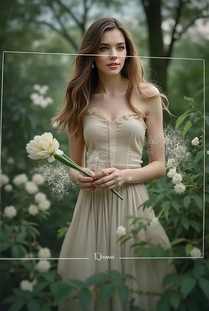 Beautiful girl with wavy long hair, bohemian dress, holding a white 