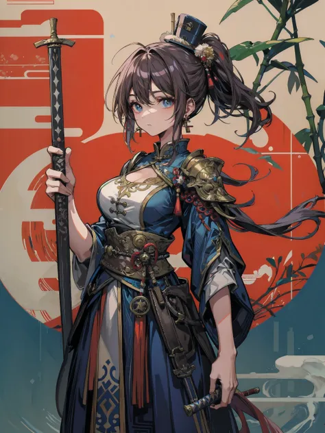 earring, big breasts, narrow waist, short hair, wavy hair, hair behind ear, half updo, black hair, looking at viewer, cowboy shot, Chinese warrior with his holding a sword, bamboo hat, oriental,