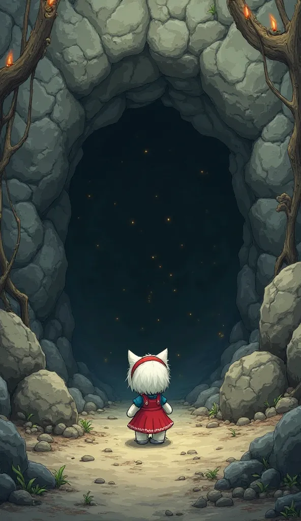 Background: A rocky with a large, dark cave entrance. Jagged stones surround it, and eerie mist seeps out, hinting at something sinister inside. The trees nearby look twisted, as if scorched by fire.

kit :  small white-furred kitten, wearing a red headban...