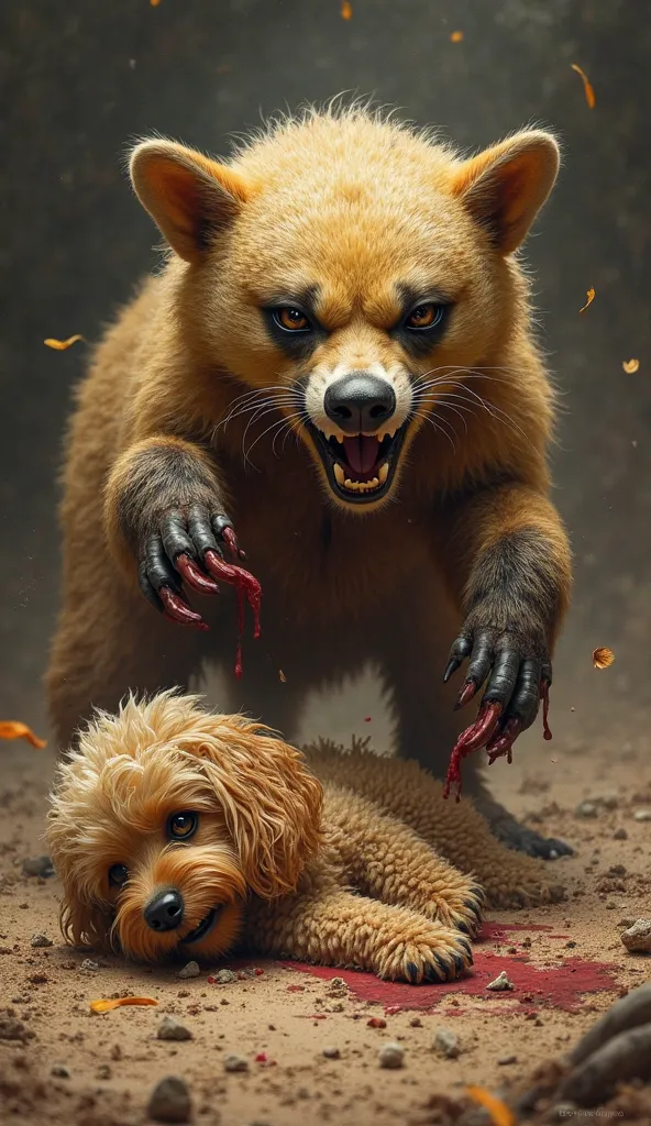 Here’s a **detailed image prompt** for a **honey badger that has killed a Toy Poodle**:  

**Prompt:** A highly detailed and realistic scene of a fierce honey badger standing over a lifeless Toy Poodle. The honey badger’s thick fur is slightly ruffled from...