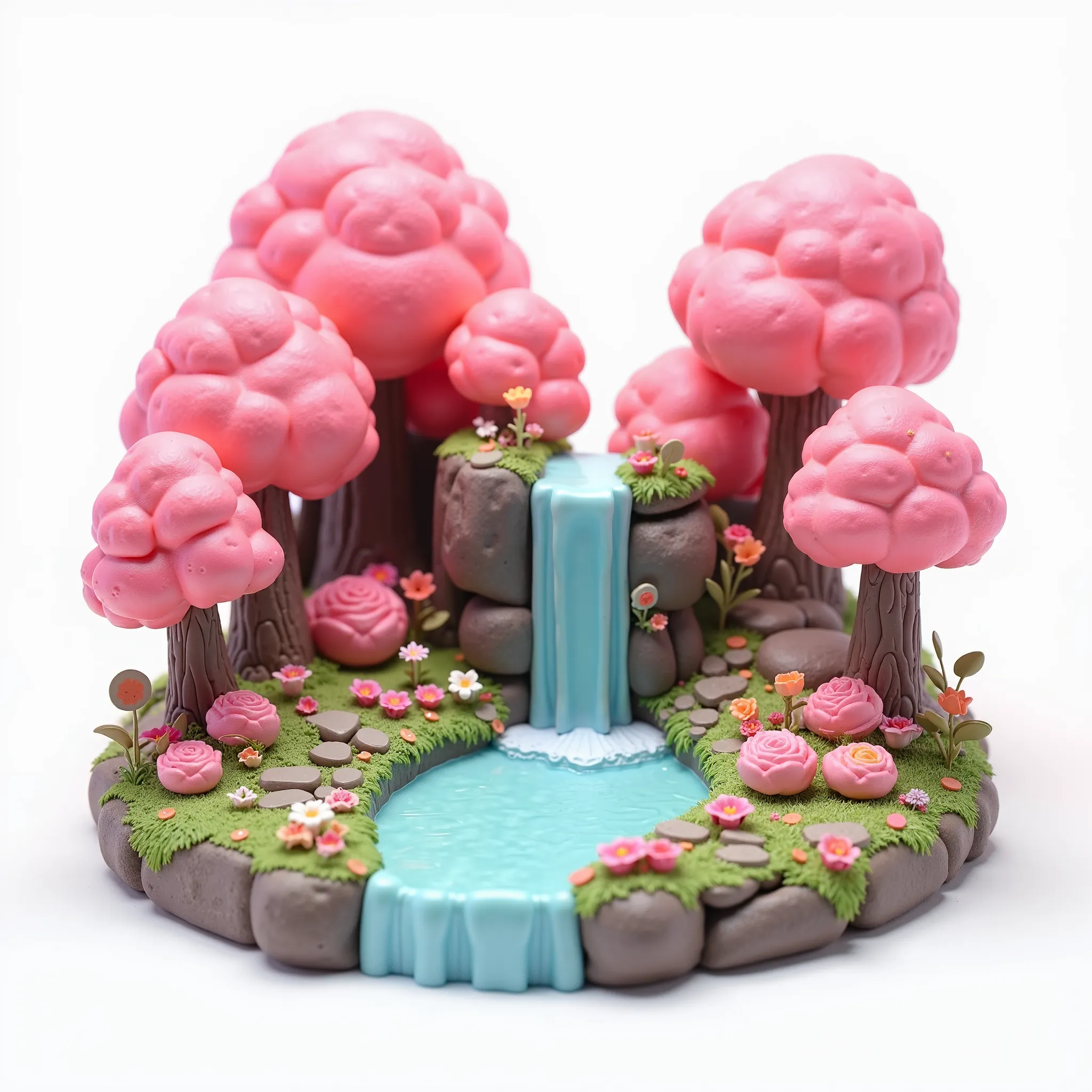 3d miniatur cartoon mode fantasy forest with waterfall and pink trees made point of view from above ,make isolated on white background