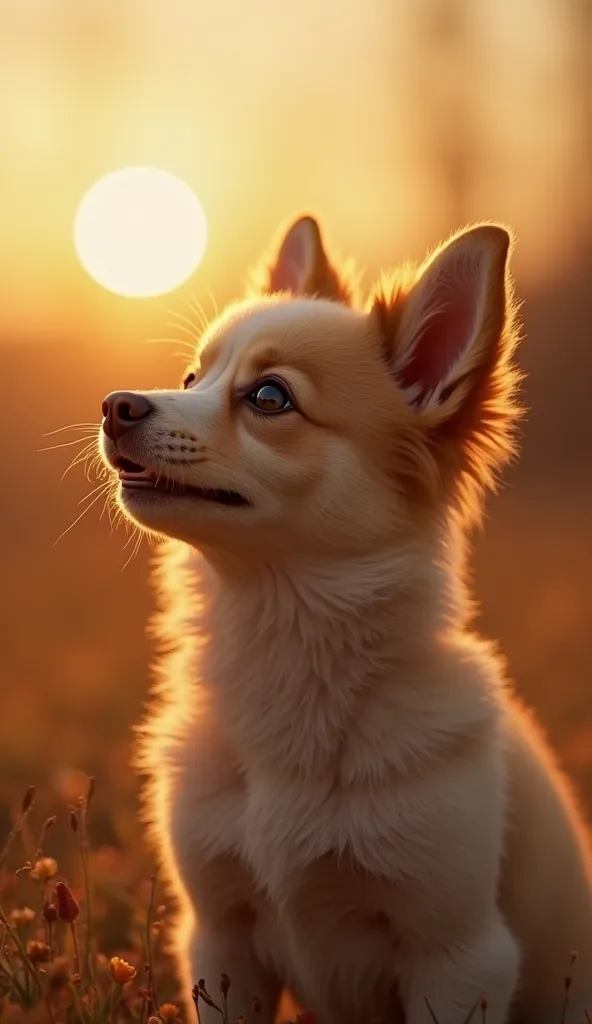 A small eared dog listening to a familiar whistle in the distance, Looking up with hopeful eyes, hearing a familiar whistle in the distance, Golden sunset in the background, cinematic shot, super realistic, Highly detailed fur texture, A moving moment, 4K ...